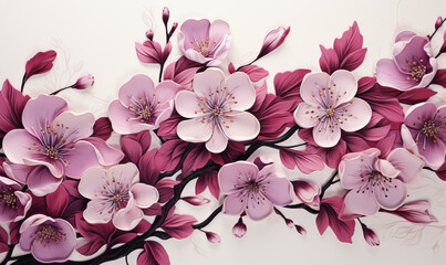 Wall Mural - Drawn, a branch with pink flowers on a white background.