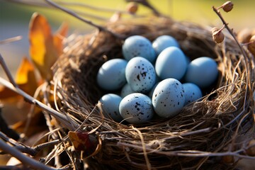 Wall Mural - Magpie robin eggs rest in a nest on a tree branch