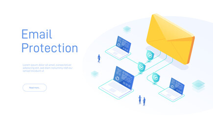 Poster - Email service security concept. Creative vector isometric illustration. Electronic mail message as part of business marketing. Webmail or mobile service layout for website landing page.