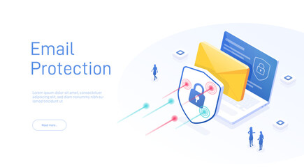 Poster - Email service security concept. Creative vector isometric illustration. Electronic mail message as part of business marketing. Webmail or mobile service layout for website landing page.