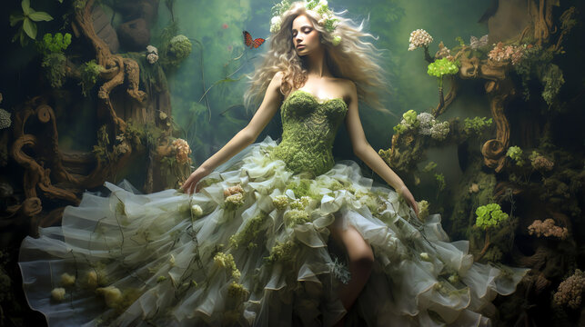 forest princess surrounded by flora and fauna fantasy character. beautiful fairytale background illu