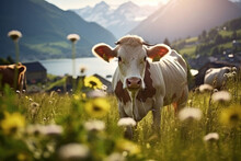 Cow On The Flowered Meadows. Nature With Wild Flowers And Mountains In The Background. Generative AI