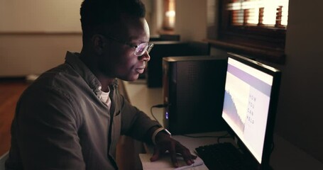 Poster - Night, business or black man with internet, computer or investment with stock market, budget planning or screen. African person, investor or accountant with a deadline, dark or trading in a workplace