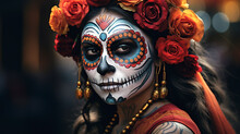 Beautiful Mexican Woman With Festive Make-up, Flowers And A Skull For The Day Of The Dead. Mexican Day Of The Dead