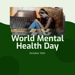 Poster - Composite of world mental health day text over sad caucasian girl