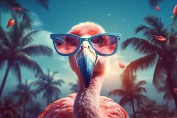 Wall Mural - pink flamingo feather hipster animal bird summer party tropical sunglasses. Generative AI.