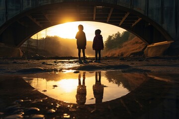 Poster - Silhouettes of small children walking under a bridge.