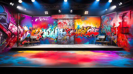 Urban-inspired stage with graffiti wall background,