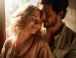 © ADDICTIVE STOCK - Generative AI illustration of smiling young man embracing gently beloved woman with closed eyes while standing together against bright background