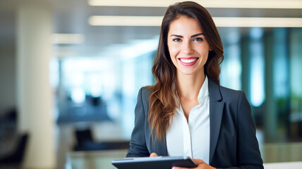 Wall Mural - Business woman holding a tablet computer. Happy beautiful female professional executive manager, financial banking or marketing data.
