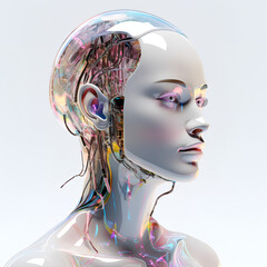 Wall Mural - Artificial android human with wires in the head. 3D illustration in retrofuturistic sci-fi style.