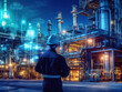 Rear view of engineer with oil refinery industry plant in the background at night, industrial instruments in the factory and futuristic hologram concept, Industry 4.0 concept.