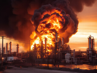 Major fire at an industrial oil refinery. The flame breaks out, industrial fire and gas explosion.