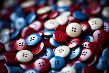 Pile Of Red, Blue And White Buttons. Shallow Depth Of Field