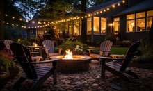 Backyard Bliss: Toasty Fire Pit Evenings With Lawn Chairs During Autumn Dusk.