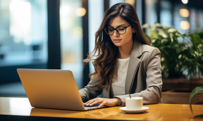 Wall Mural - Office scene: Asian woman showcasing professionalism on her laptop.