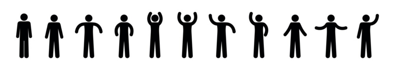 Wall Mural - stick figure man icon, people waving their hands, human silhouettes isolated, basic poses set