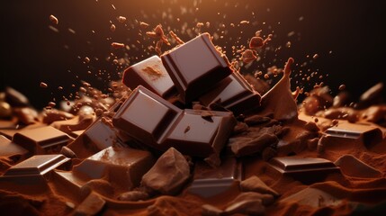 Background with tasty various pieces of milk and dark chocolate bars, grated cocoa top view close up