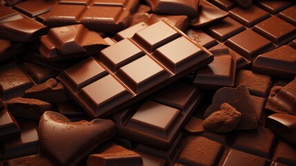 Background with tasty various pieces of milk and dark chocolate bars, grated cocoa top view close up