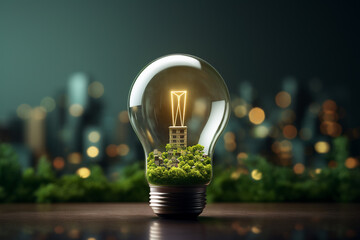 Glowing light bulb with green grass and cityscape background, Alternative energy concept