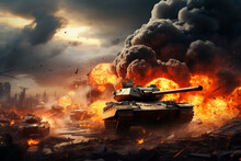War Concept. Military Silhouettes Fighting Scene Tank On War Fog Sky Background,
