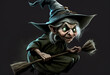 ©  iiulia - Wicked, old witch with a broom on a black background. AI Generated