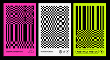 Retro Cyber Minimal Geometric Prints. Rave 90 Neo Brutalism, Glitch Effects, Op-art Illusion. Neon Color, Black Grid. Brutal Vaporwave Posters, Cyberpunk Aesthetic, Graphic Design. QR Barcode, Icons 