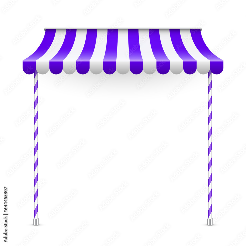 Violet shop sunshade with stand holders. Realistic striped cafe awning ...