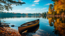 An Yellow Canoe Parked On A Lake With Spectacular Landscape