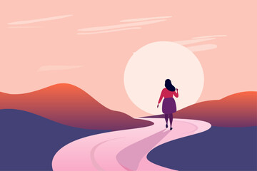 woman walking down a path towards sunset, confident woman going forward with her life goals, vector illustration