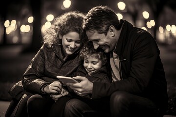 Poster - Laughing family watching smartphone. black and white photo.