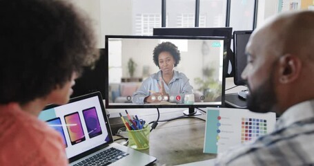 Poster - African american business people on video call with african american female colleague on screen