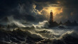 Amidst a tempestuous sea, a steadfast lighthouse sends out its guiding beam of light. The scene symbolizes resilience in the face of adversity and the comforting presence of beacons in the darkness.