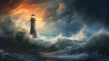 Amidst A Tempestuous Sea, A Steadfast Lighthouse Sends Out Its Guiding Beam Of Light. The Scene Symbolizes Resilience In The Face Of Adversity And The Comforting Presence Of Beacons In The Darkness.