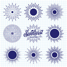 Hand Drawn Vintage Sunburst, Sunset Beams On Checkered Paper Sheet. Bursting Sun, Light Rays. Logotype Or Lettering Design Element In Retro Style. School Notebook For Drawing. Vector Illustration