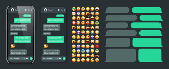 Smartphone messaging app, user interface with emoji. SMS text frame. Chat screen, green message bubbles. Texting app for communication. Social media application. Dark mode. Vector illustration