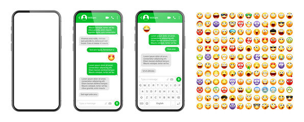 Smartphone messaging app, user interface design with emoji. SMS text frame. Chat screen with green message bubbles. Texting app for communication. Social media application. Vector illustration