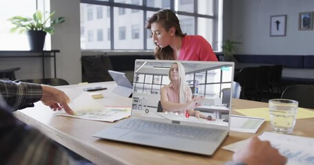 Sticker - Caucasian businessman on laptop video call with caucasian female colleague on screen