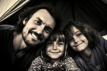 Poster - Black and white photo of father with daughters.