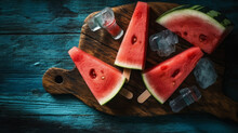 Watermelon Slice Popsicles On A Blue Rustic Wood Background. Generative AI