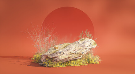 Poster - Autumn scene with a podium for product display. 3D rendering.
