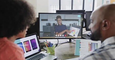 Poster - African american business people on video call with african american female colleague on screen