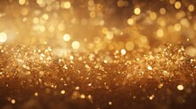 Abstract Golden Colored Background: Texture With Gold Glitter And Bokeh Lights. Wallpaper Element