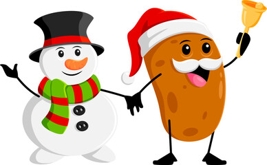 Wall Mural - Cartoon potato vegetable character and snowman with jingle bell. Christmas greeting, happy New Year winter holiday or merry Xmas isolated vector cute potato veggie and snowman personages