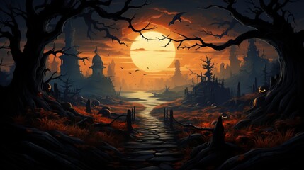 16:9 aspect ratio spooky halloween background wallpaper with scary haunted castle and trees