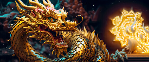 Emerald Gold Chinese Dragon. Chinese new year 2024 year of the green Wood dragon , Chinese zodiac symbol, Lunar new year concept. The symbol of the year 2024 dragon, digital ai