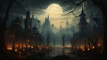 16:9 Aspect Ratio Spooky Halloween Background Wallpaper With Scary Haunted Castle And Trees