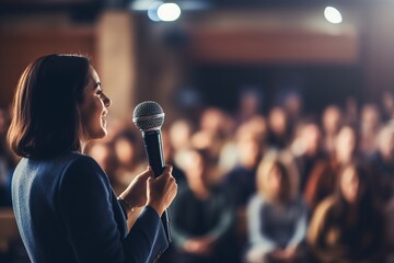 a female motivational speaker or a stand-up comedian presenting her speech in front of an audience i
