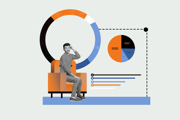 Aufkleber - Poster image picture collage of minded puzzled man sitting chair analyzing income profit isolated on drawing background