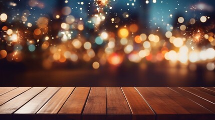 showcase background for a product presentation: empty wooden table counter top and evening bokeh lights blurred, outdoor party celebration setting